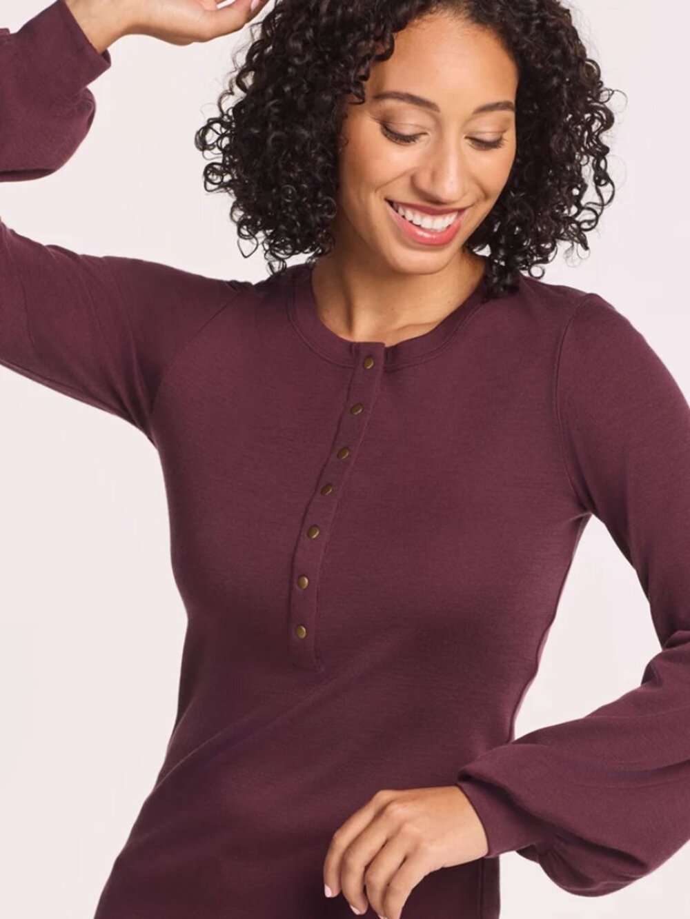 XL WoolX Charlotte Puff Sleeve Henley Top with functional snap-button placket.